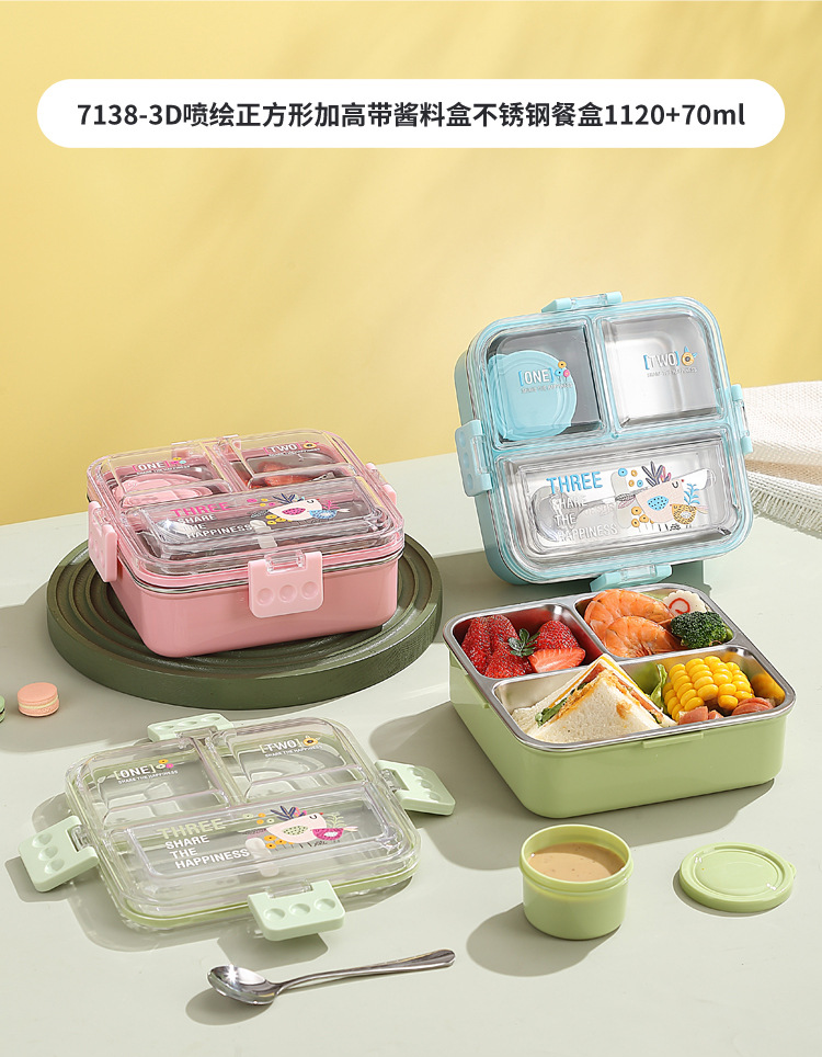 Estudiante con dip box nuevo plato de acero inoxidable comida ligera caja de bento sellada split box lunch cuadrado lunch box plástico pic 26