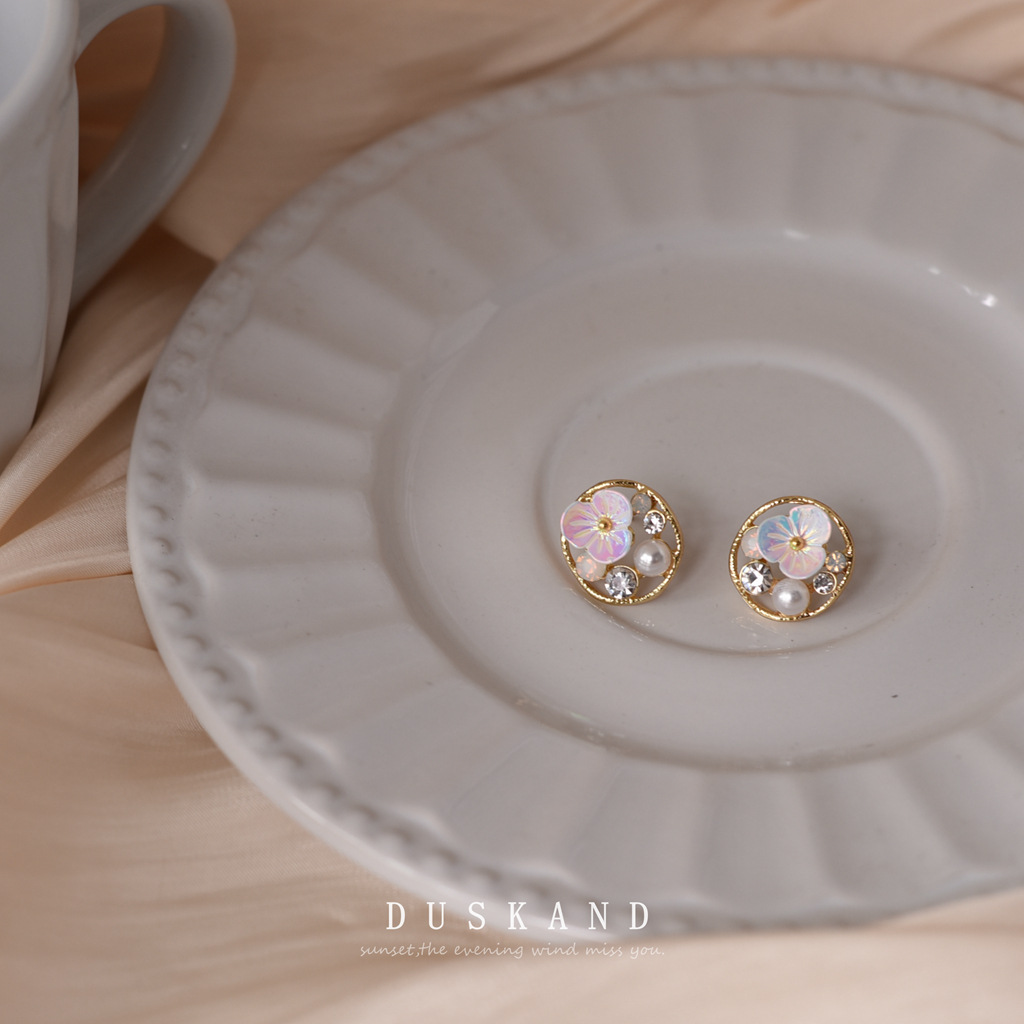 The upper ear effect is simply stunning! 925 silver needle plated with 14K, elegant round flower stud earrings for women, sweet earrings pic 5