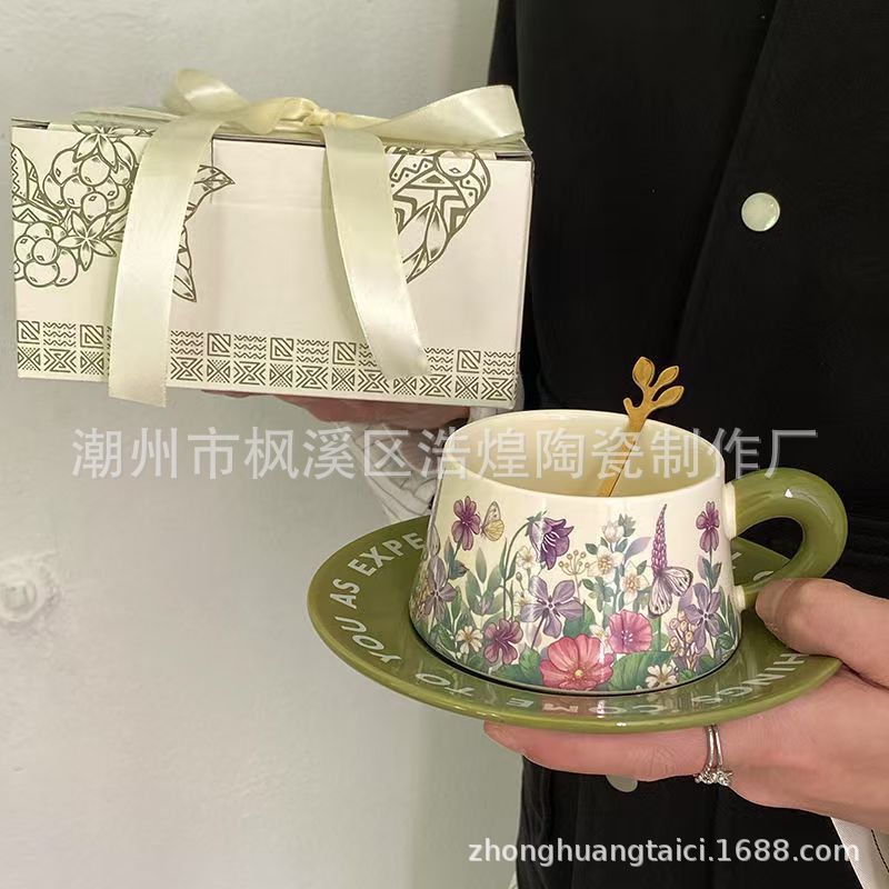 复古美式陶瓷杯碟中古风油画绿铃兰花咖啡杯碟赫本风下午茶马克杯详情8