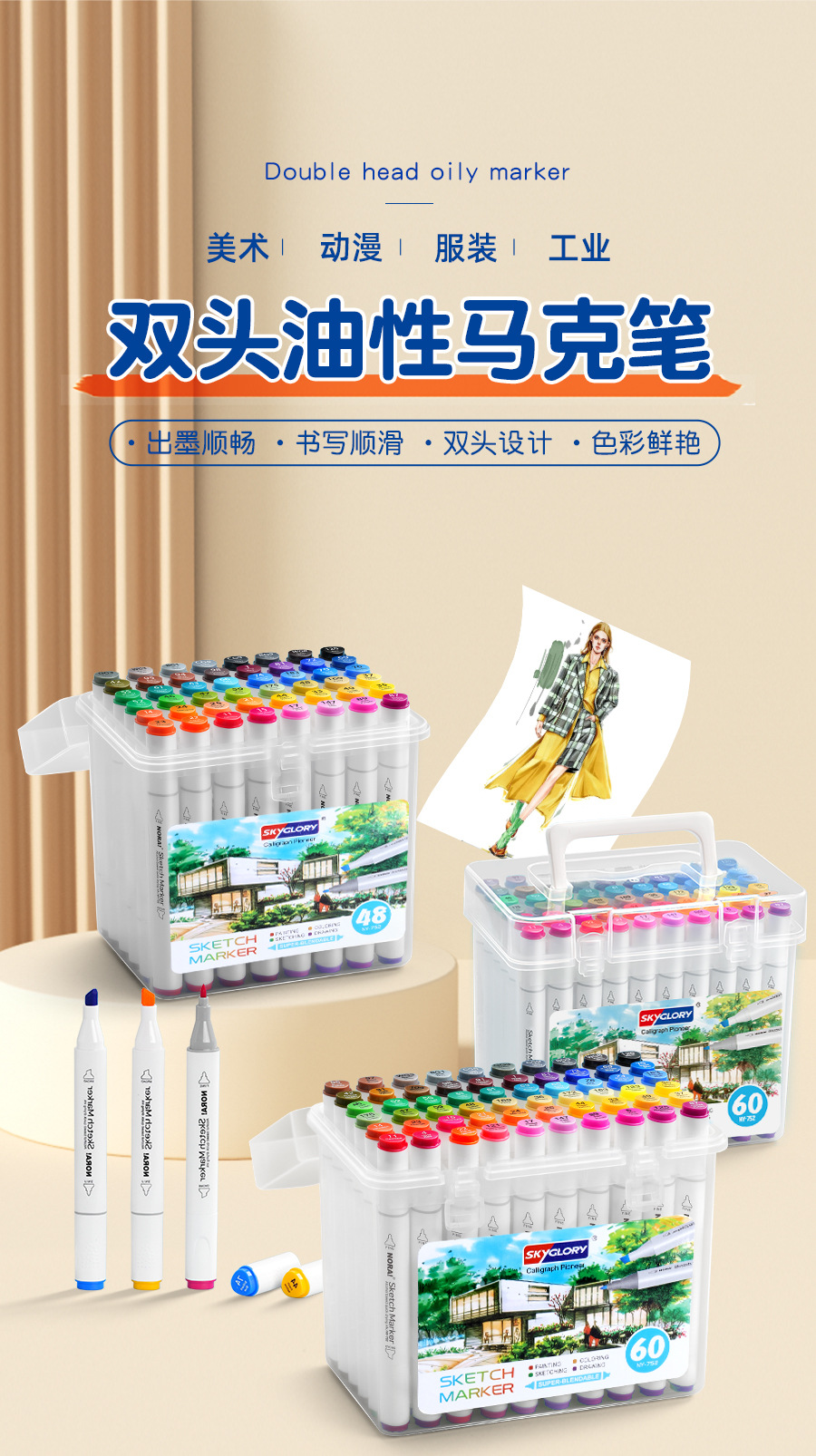 Tianhui Cross-border Double-headed oil-based marker pen, four-corner rod, large-capacity square head watercolor pen, student painting and design brush pic 5