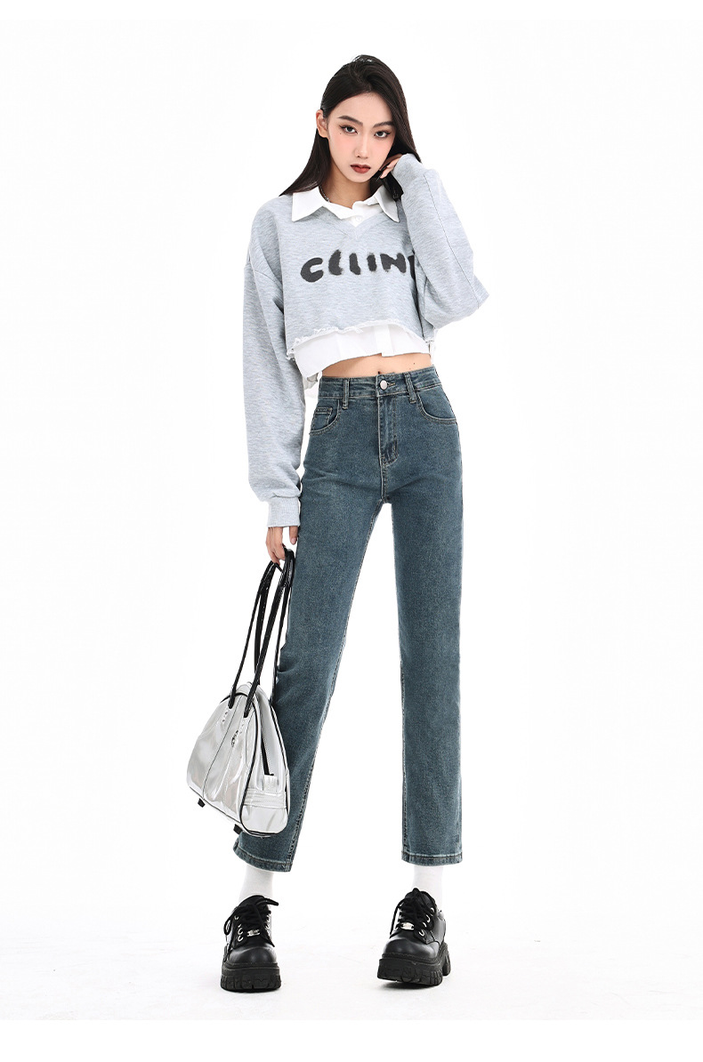 Blue-gray smoke tube jeans for women in spring 2025, petite slimming baguette pants, 9-inch straight leg pants pic 31
