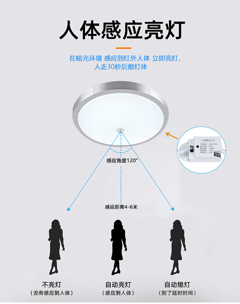 人体感应开关楼梯过道灯宽压可调延时拨码红外感应器探头智能感应详情4