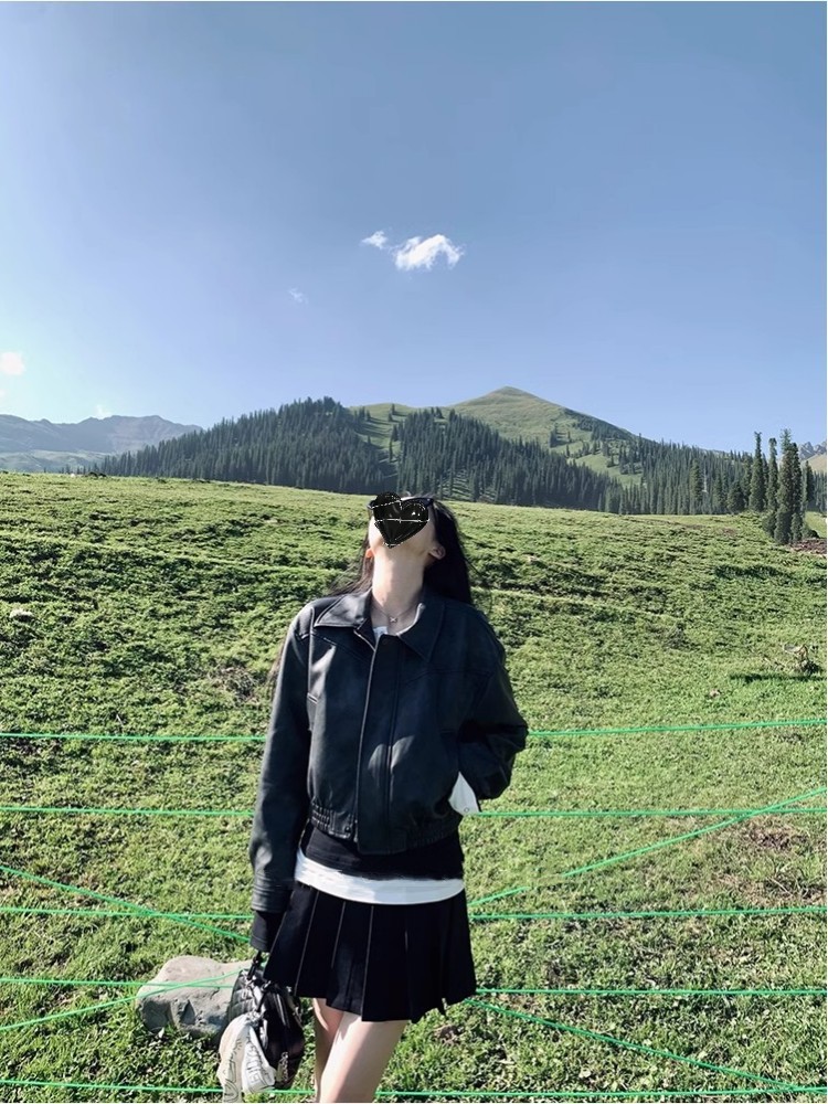 重工做旧复古复古PU皮翻领外套女早秋新款宽松百搭气质夹克上衣详情7