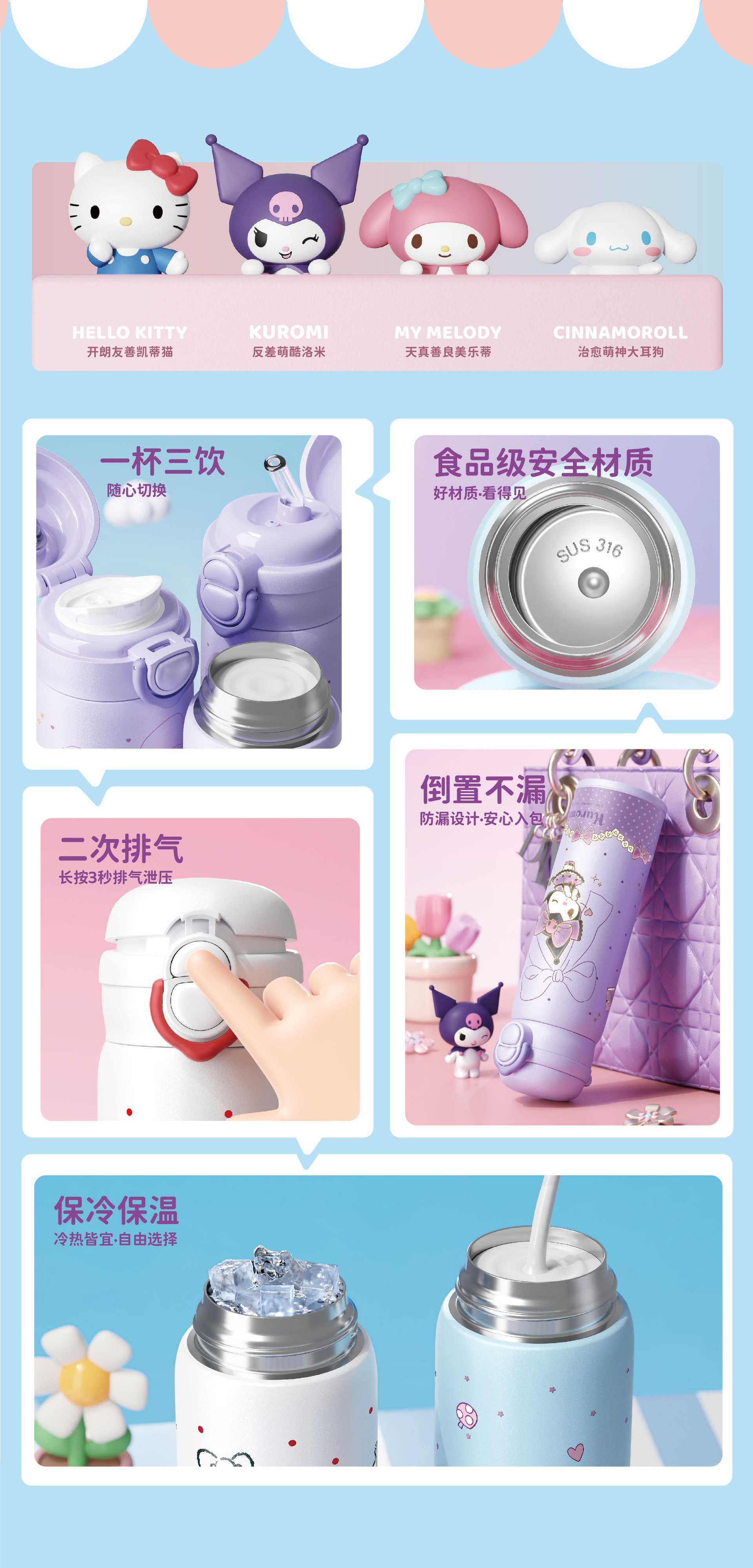 三丽鸥库洛米凯蒂猫儿童保温杯316食品级小学生女孩双饮吸管水杯详情2