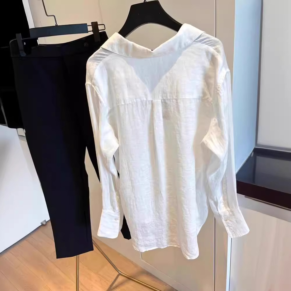 法式白色棉麻防晒衬衫女夏季薄款设计感小众长袖衬衣天丝亚麻上衣详情6