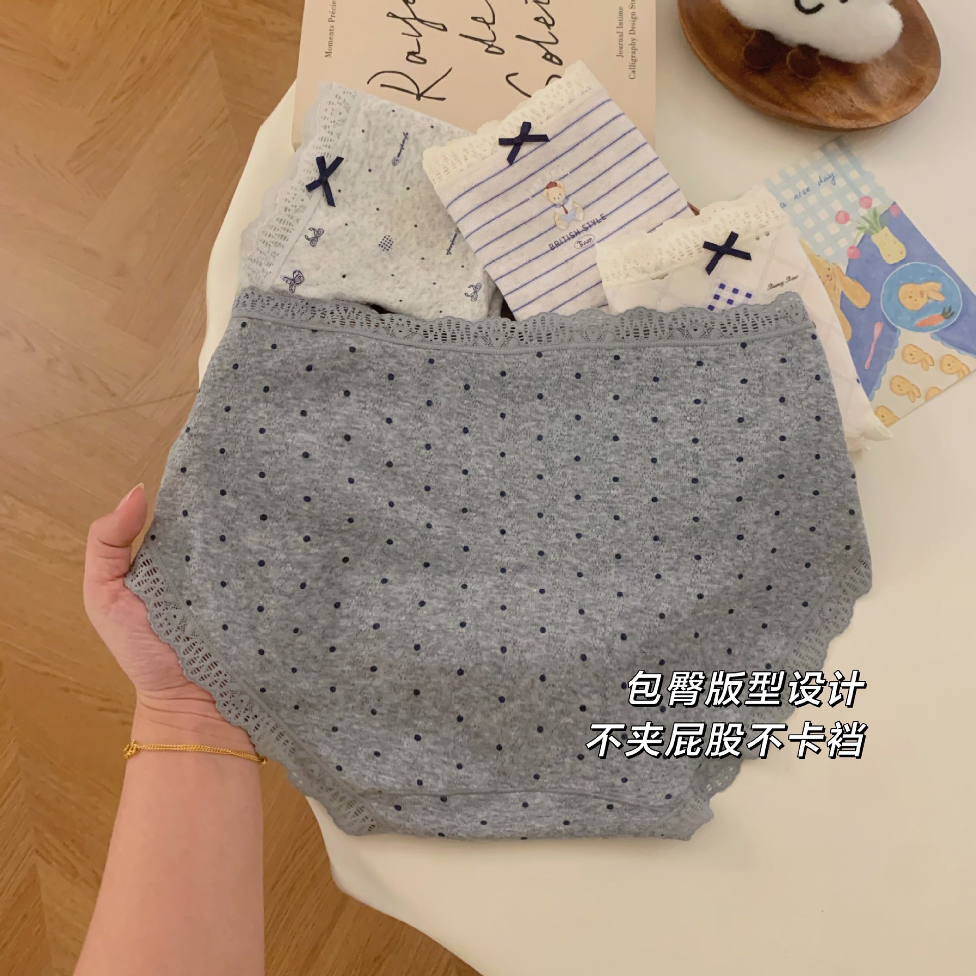学院风小熊内裤女生纯棉10A抗菌加长档2026新款中腰蕾丝三角裤详情11