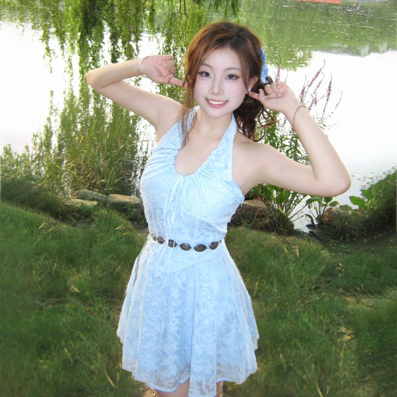 欧美风2025夏季新款女装性感挂脖露背提花纯欲高腰显瘦连衣裙批发详情27