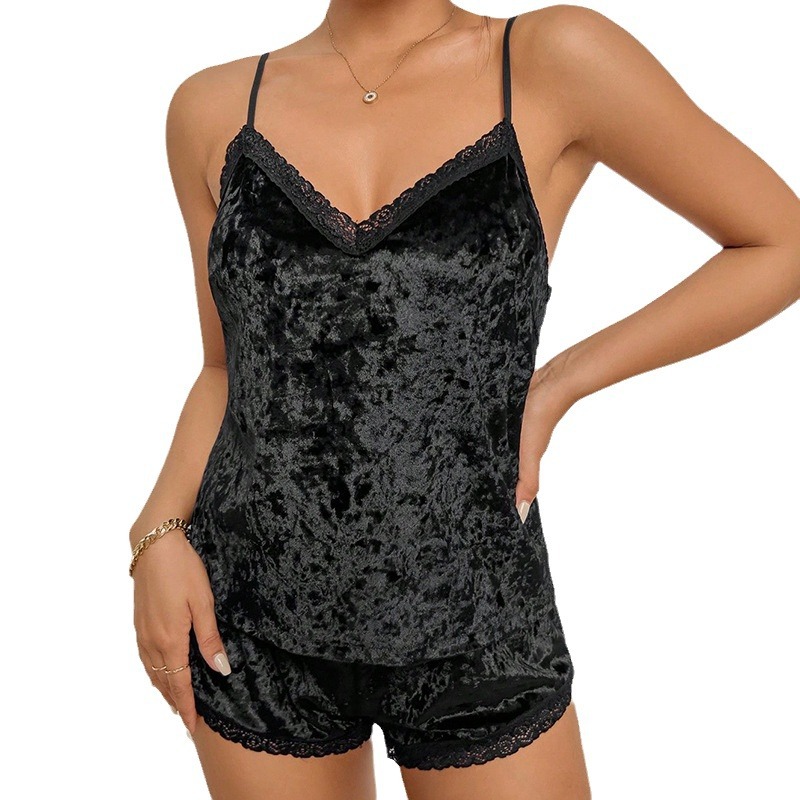 跨境热销秋冬款丝绒女士吊带短裤两件套舒适睡衣家居服批发详情6