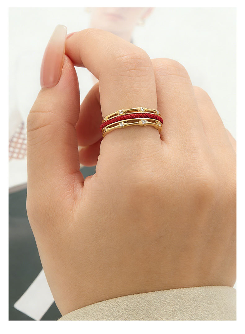Light luxury Chinese-style red string bamboo joint open ring, copper alloy real gold electroplated with zircon, adjustable index finger ring pic 9