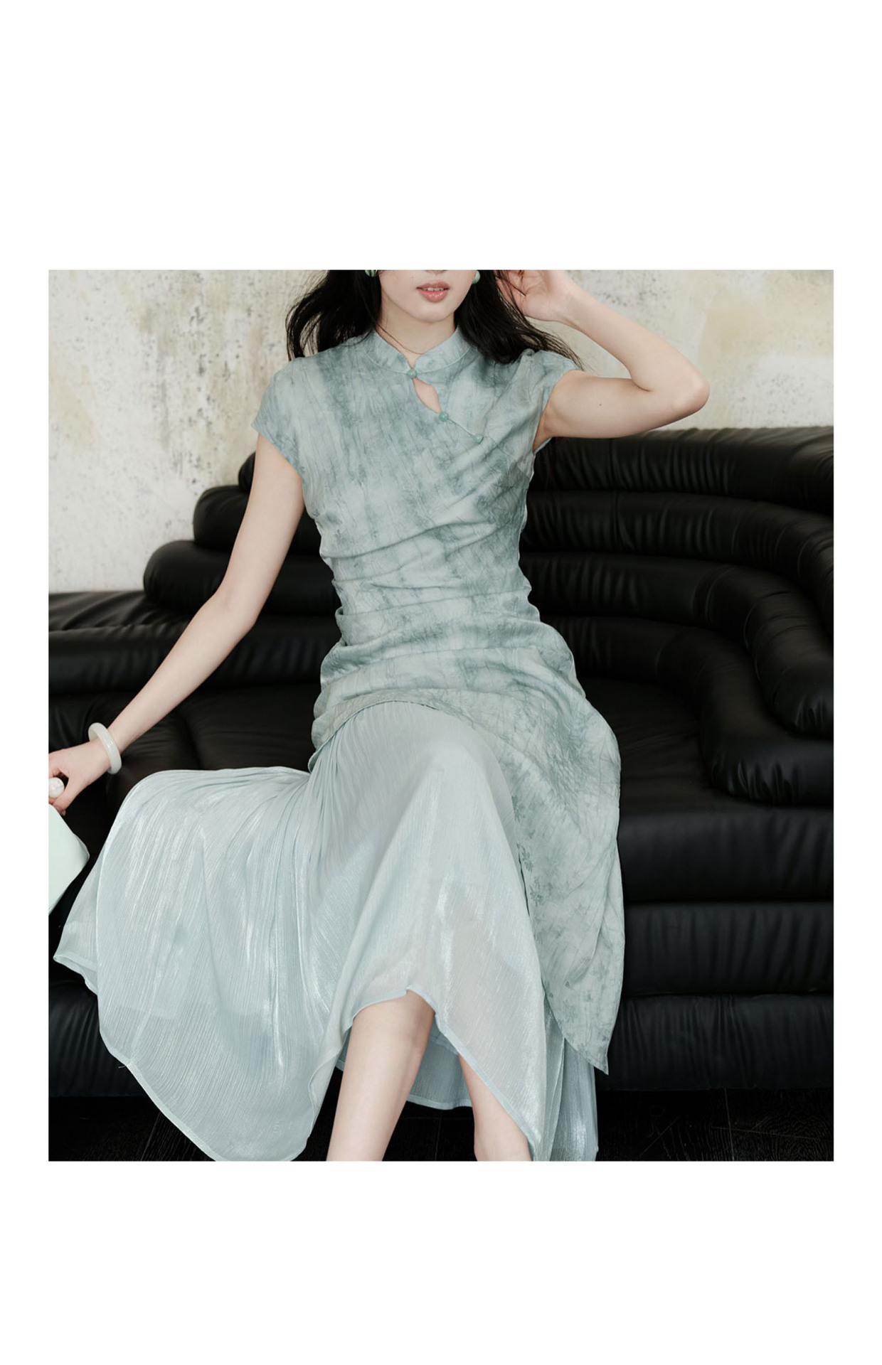 新中式轻国风改良蓝色连衣裙女2024夏新款气质修身包臀温柔风长裙详情15