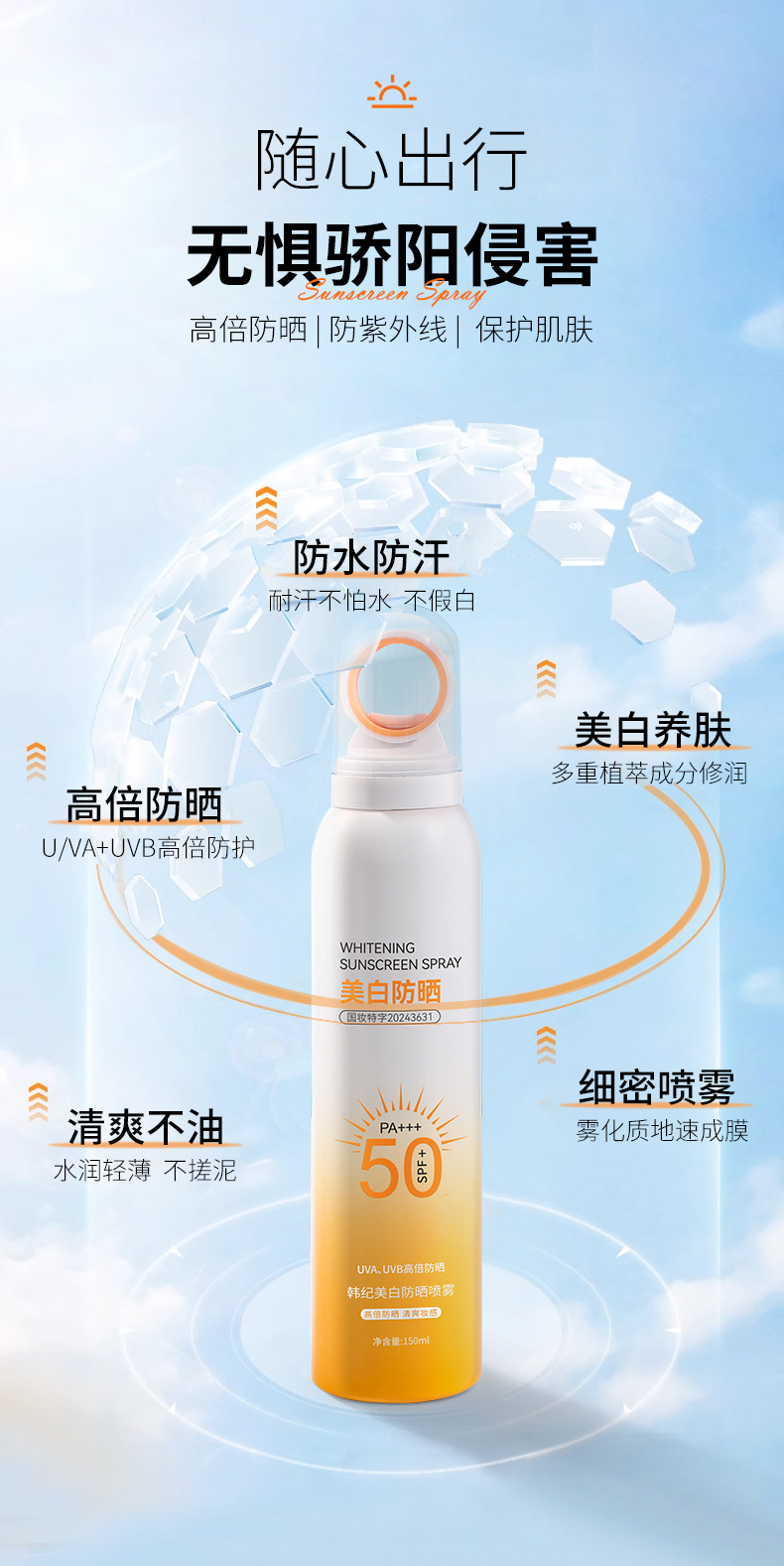 高倍小光圈防晒喷雾SPF50+++防水防汗防紫外线清爽防晒霜喷雾批发详情3