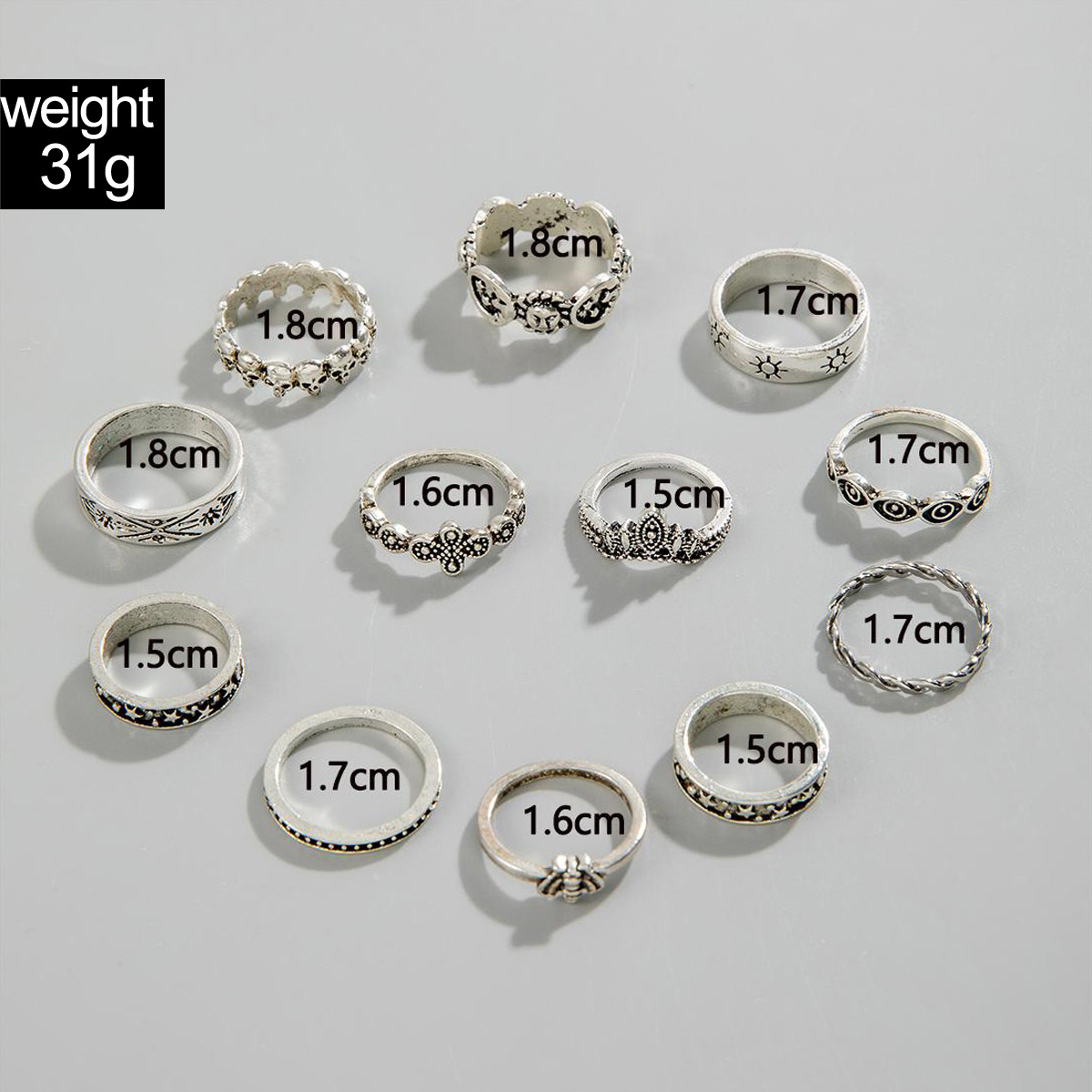 欧美跨境波西米亚海星扇贝戒指 沙滩风椰树蝴蝶雕花复古戒指套装详情17