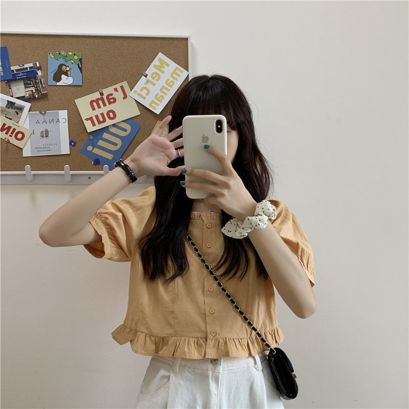 短袖衬衫女设计感小众夏季法式甜美减龄短款上衣方领小个子娃娃衫详情14