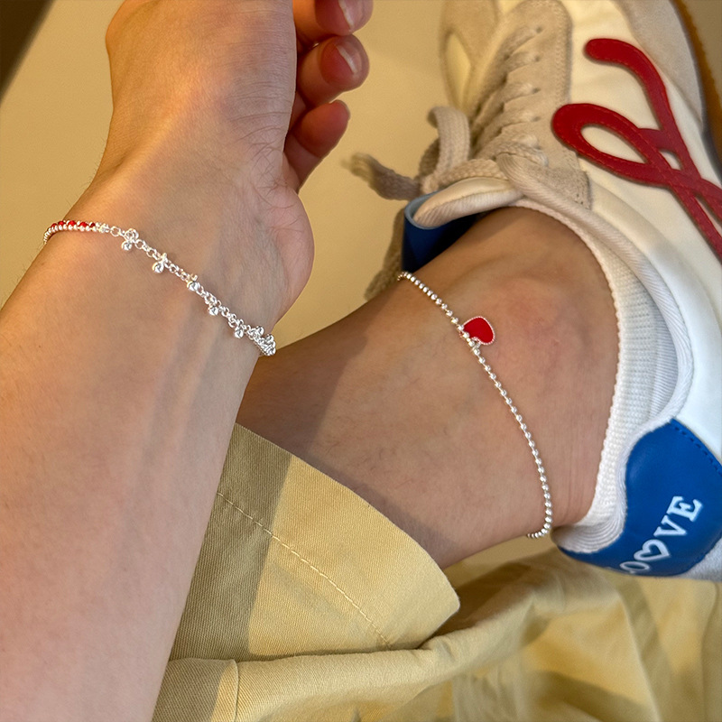 925纯银红色爱心脚链女日韩国简约手工圆珠脚镯学生闺蜜配饰详情4