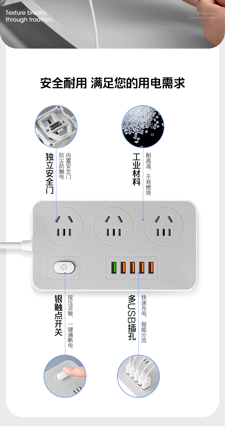 多功能桌面排插快充插座带线插线板家用宿舍办公插板多孔快充排插详情2