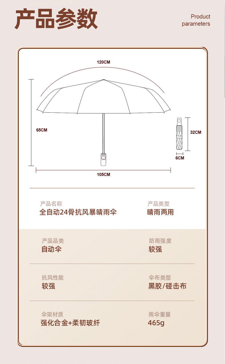 24骨黑胶太阳伞抗风加固防晒防紫外线晴雨两用伞自动遮阳伞定制详情21