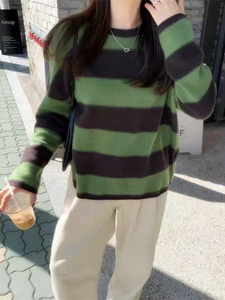 羊毛敲级绒感配色圆领毛衣圆领上衣宽松针织衫羊毛衫女澳洲绿色详情15