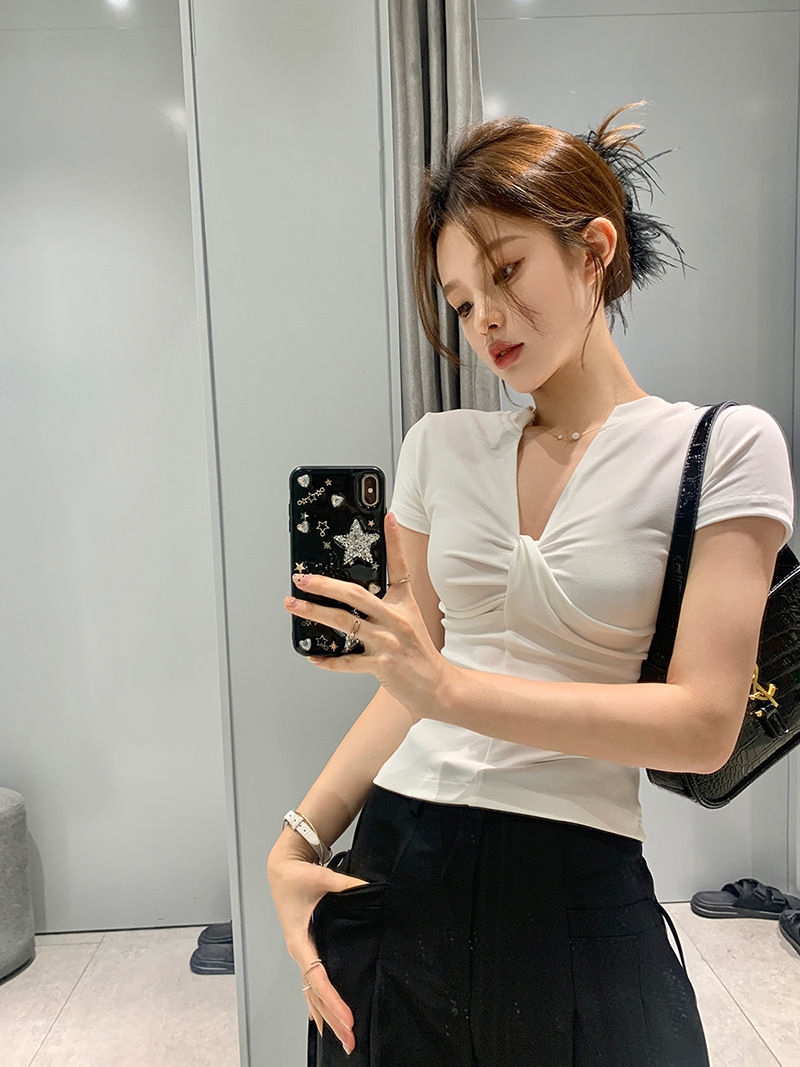 雅姿欣设计感白色短袖T恤两穿修身辣妹百搭显瘦内搭上衣女一字肩详情26