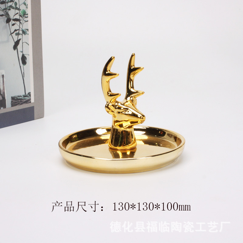 Nordic gold-plated ceramic handicrafts, gift jewelry plates, rings, watches, home storage plates, golden deer animal ornaments pic 23