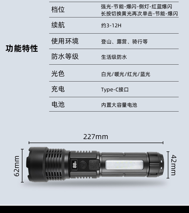 Cross-border white laser high-intensity flashlight, USB charging, telescopic focusing, ultra-bright long-range COB side light flashlight, outdoor pic 21