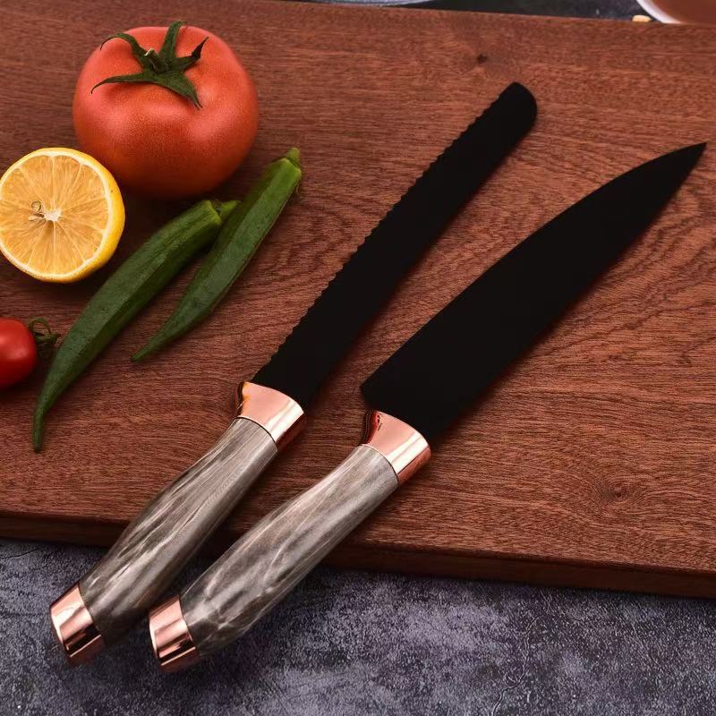 Wholesale of marble-patterned double electroplated head seven-piece set with square base, colorful kitchen gift box and knife set pic 5