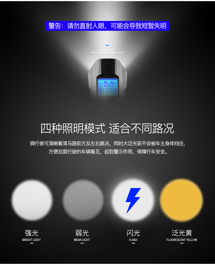 Bicycle headlights, multi-functional stopwatch headlights, waterproof usb charging horn lights, night cycling flashlights, cycling equipment pic 4