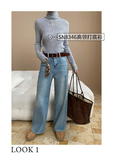 司南修腿型天菜含腰带挂件水洗浅蓝窄版直筒加绒牛仔裤SN8358详情4