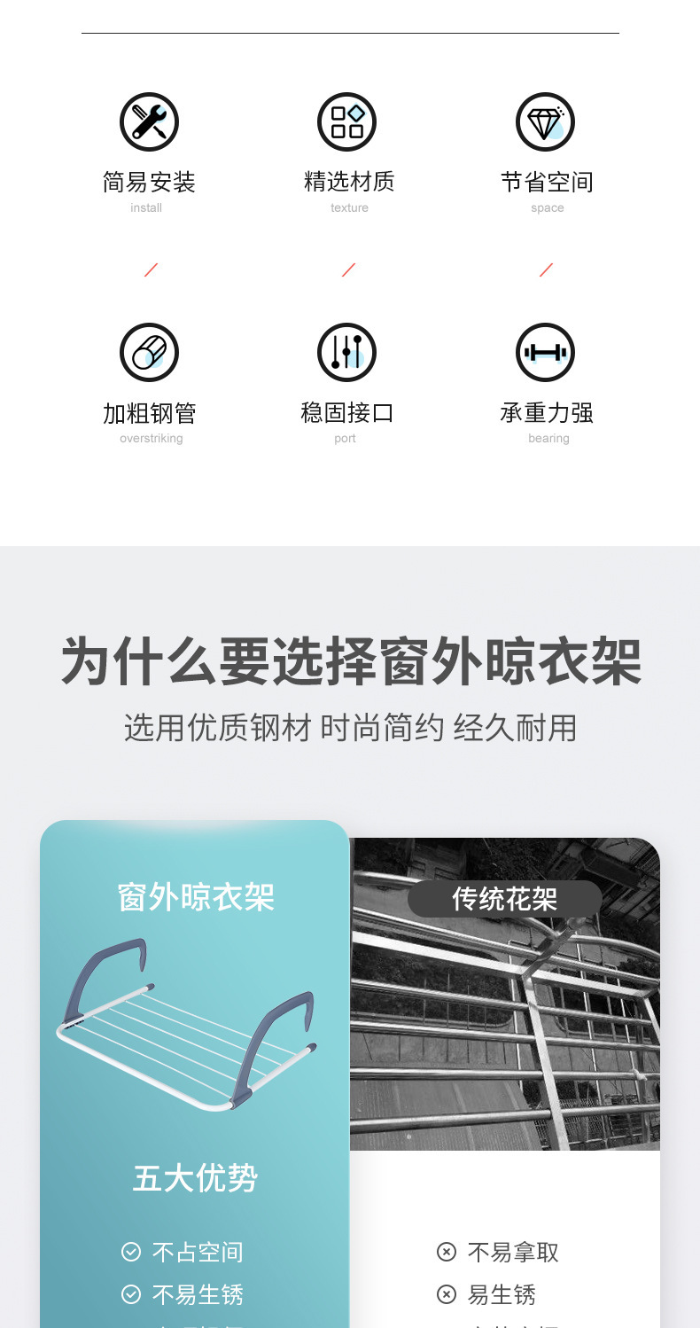 阳台窗外晾衣架免打孔加固晾衣架室外可折叠晒鞋置物架晒衣服架子详情2
