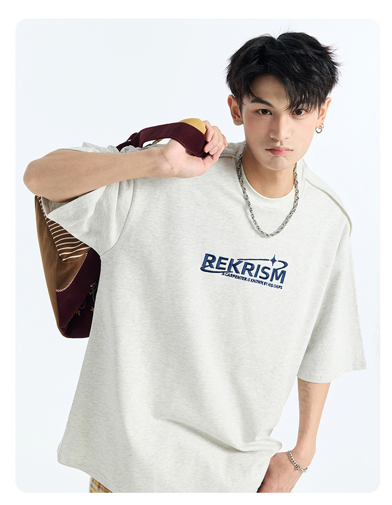 Heavy cotton short-sleeved T-shirt for men, Spring/Summer 2025, American letter print zipper design, loose and versatile base layer pic 19