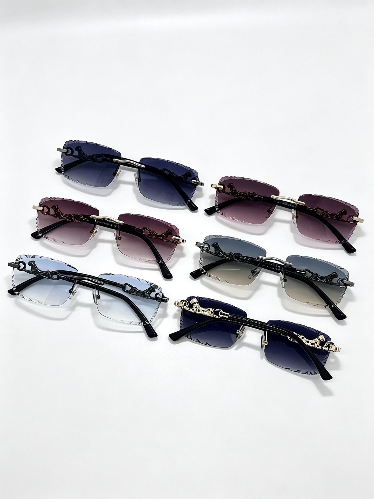 New cross-border unisex frameless sunglasses with rectangular leopard head decoration, retro street style glasses and UV-resistant sunglasses pic 2