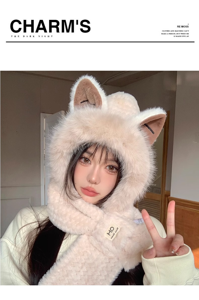 Fox ear hat for women, new autumn and winter fashion, scarf and scarf, warm and cute fur all-in-one hat for women pic 10