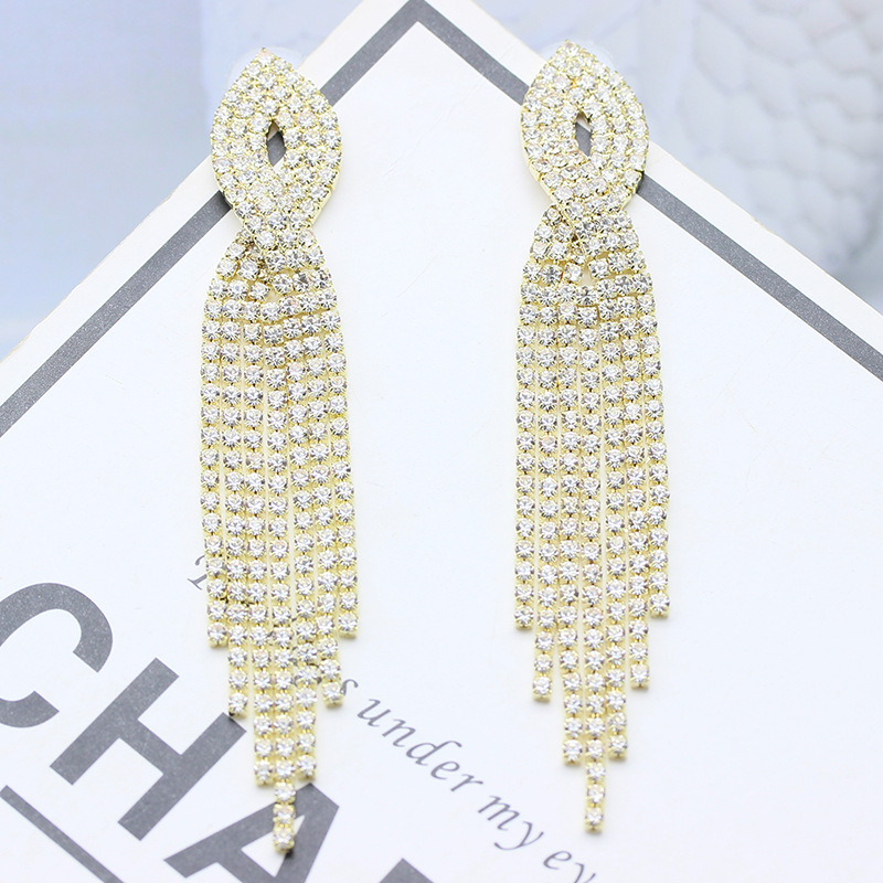 S925银针耳饰欧美时尚镶满钻耳坠简约复古水滴耳钉长款流苏耳环详情5