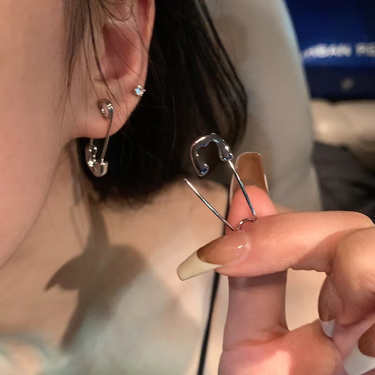 s925 silver mini pins for both men and women, creating a sweet and cool earring effect with a paperclip stud that pierces through the ears pic 5