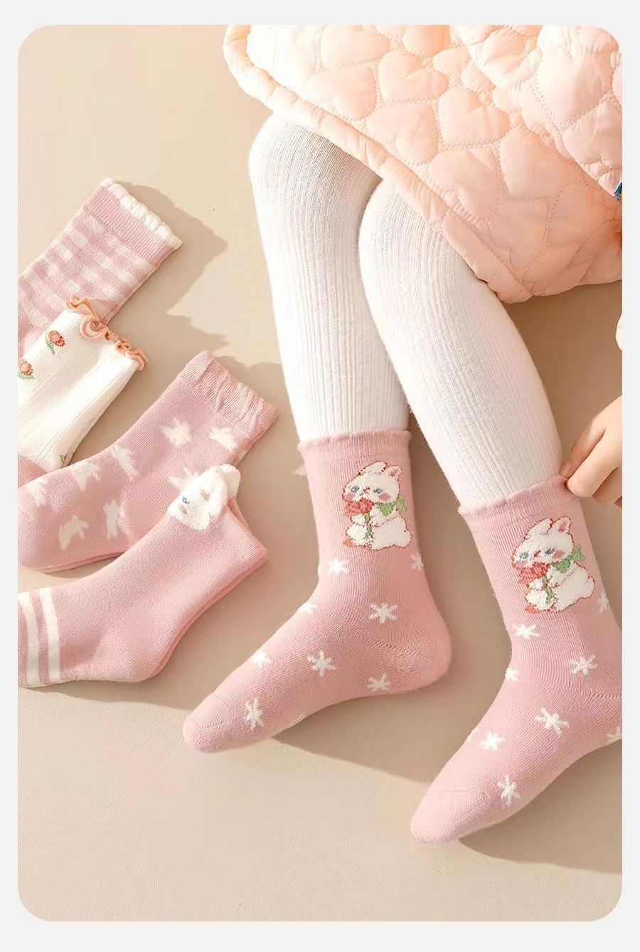 儿童秋冬袜子女孩加厚棉女童中筒宝宝冬季加厚加绒毛圈粉色小兔详情15