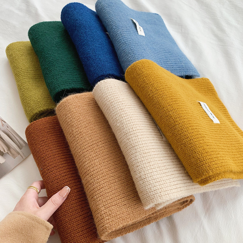 Korean-style solid-color knitted Japanese-style scarf for women in autumn and winter, ins, high-end and versatile, warm and thick woolen scarf, trendy pic 2