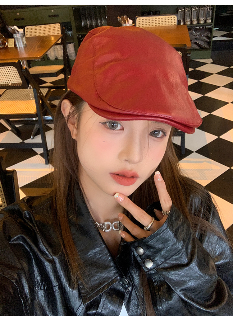 Red retro leather front hat, Korean style versatile duck tongue beret, fashionable newsboy cap, face-showing small hat pic 1