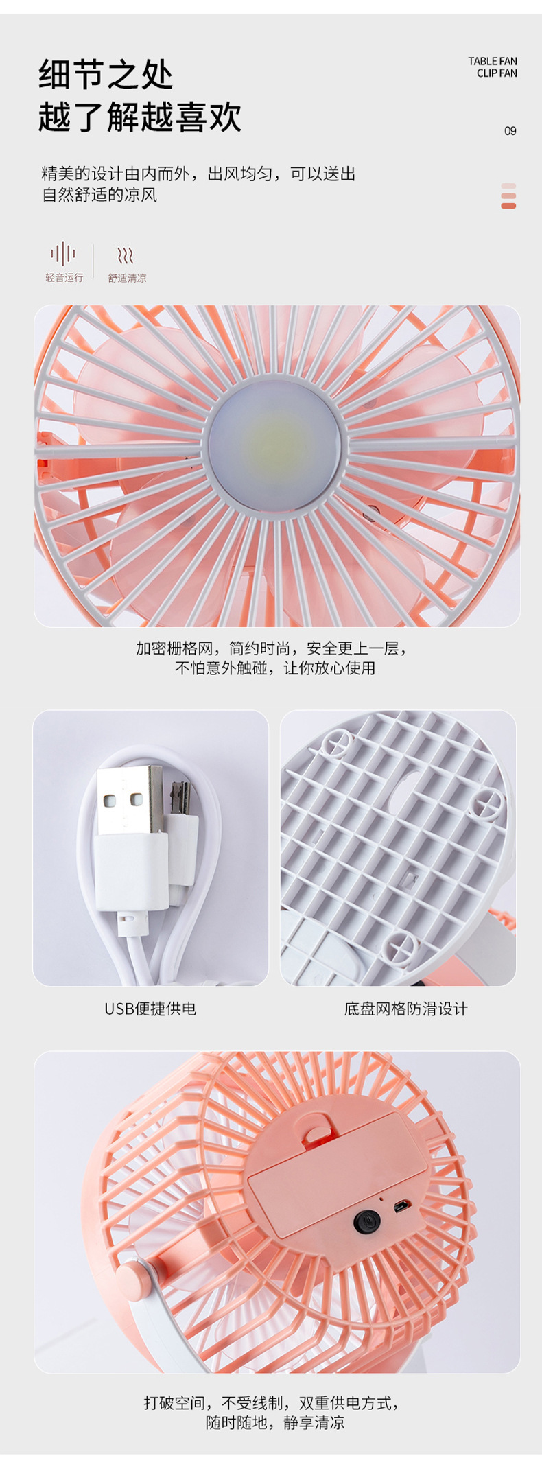 2025新款夹子风扇迷你桌面USB带灯风扇宿舍充电车载家用风扇礼物详情16
