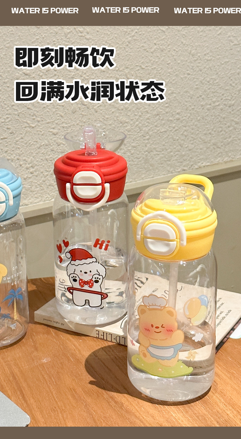 新款卡通风高颜值塑料杯吸管水杯防摔耐高温双饮杯学生上学随手杯详情4