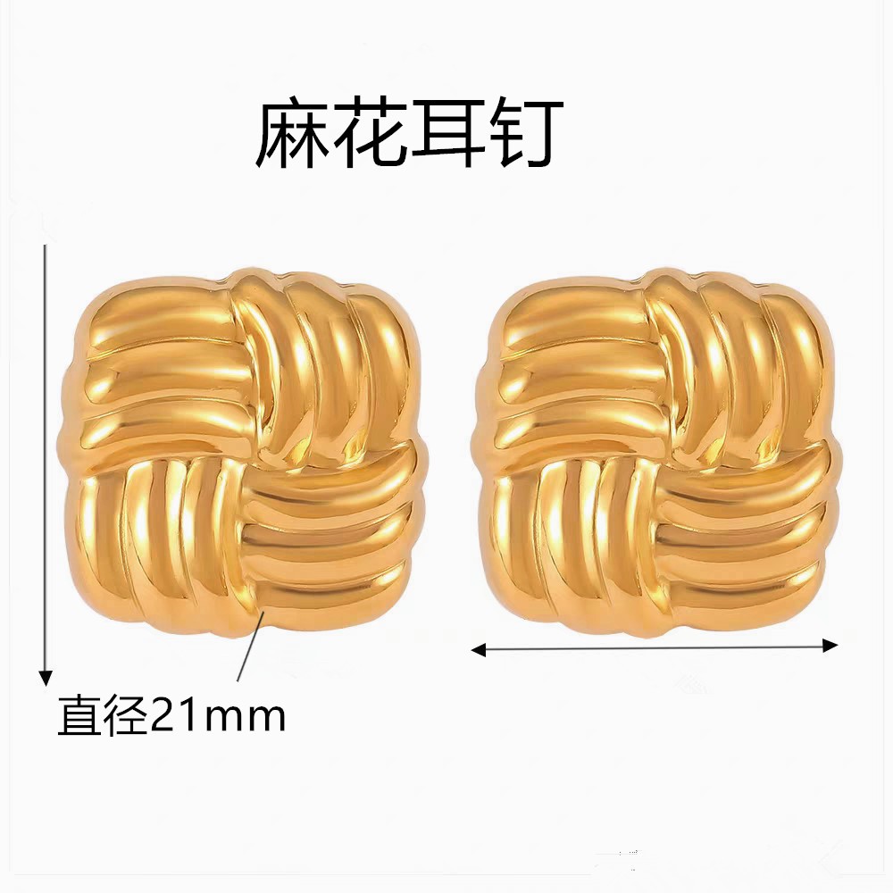 Factory wholesale stainless steel earrings, 18k real gold electroplated titanium steel retro embossed square bread hollow earrings pic 14