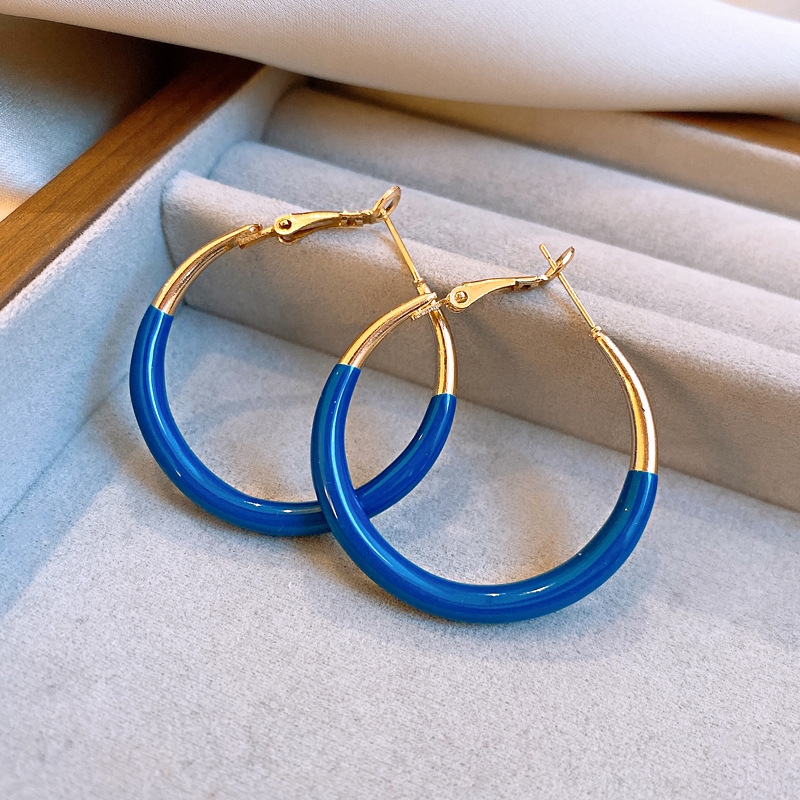 银针跨境蓝色滴油圆形耳环时尚潮流欧美风耳圈夸张设计感耳饰批发详情5