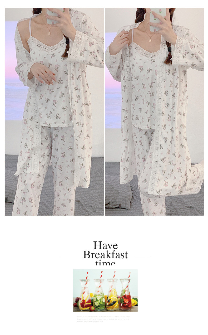 New spring and autumn pajamas for women with breast pads, sexy halter tops, long-sleeved shirts and long pants, three-piece set, lace floral home wear pic 13