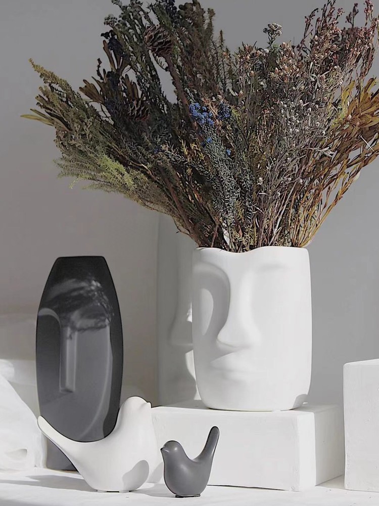 2026 Nordic creative simple black and white Ceramic vase, InS-style living room dried flower arrangement, face art decorative item pic 8