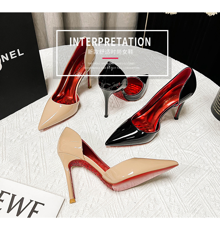 C家水钻红底侧空全包细高跟鞋女尖头浅口性感气质百搭法式网红详情4