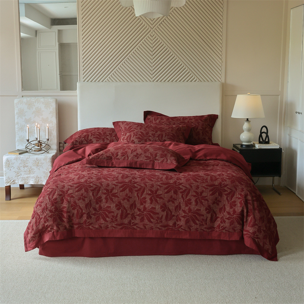 Class A retro jacquard all-cotton wedding four-piece set, a red pure cotton high-end wedding room bedding pic 5