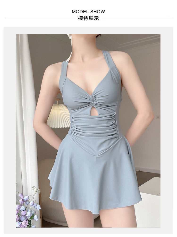 温泉泳衣女时尚爆款纯色显瘦遮肉连体裙式保守收腰性感游泳衣批发-028407详情12