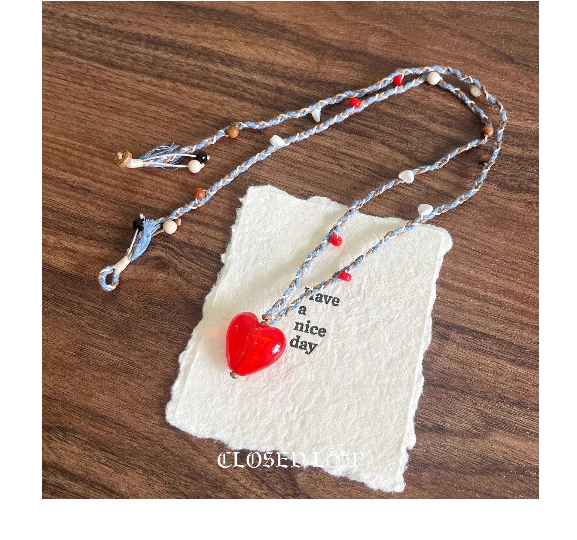 复古老琉璃彩绳编织红色爱心天然石吊坠项链女士长款毛衣链多巴胺详情4