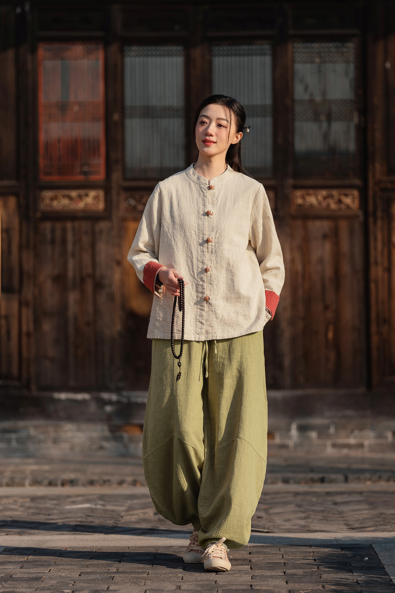 国潮中式棉麻女装拼色盘扣衬衫复古亚麻上衣茶服女禅意中山装国风开衫详情33
