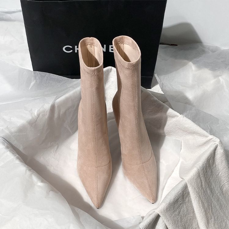 杏色高跟尖头短靴女细跟绒面百搭秋冬季韩版瘦瘦靴袜靴2025新款详情3