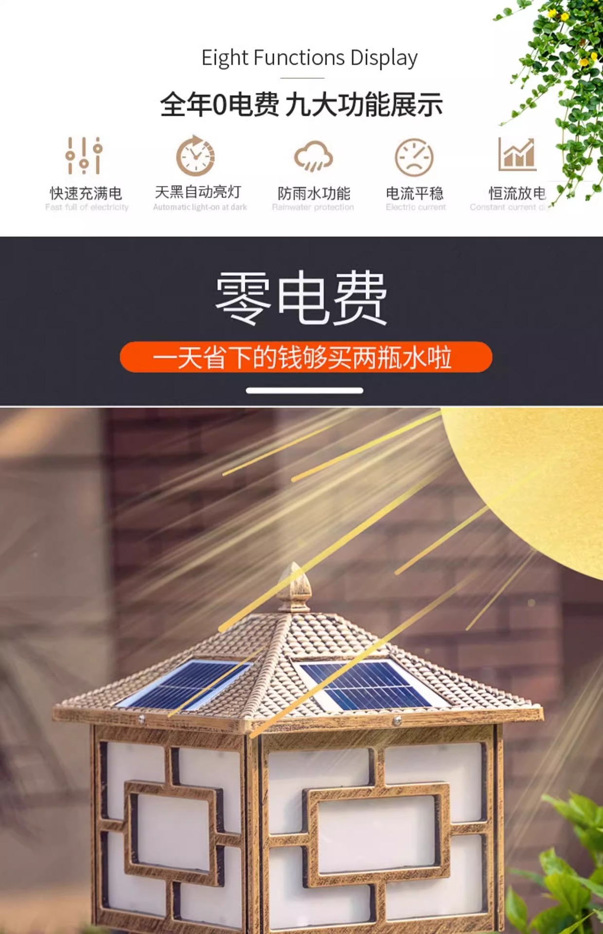 太阳能柱头灯户外防水庭院灯墙头灯超亮室外围墙灯别墅大门柱子灯详情4