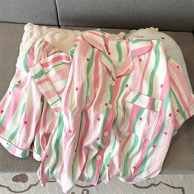 Pajama Women Summer Cloud Cotton 2024 New Style sweet and cute cardigan casual short-sleeved and short-shorts home wear set pic 18